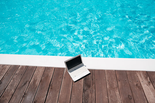 Remote Work by the Swimming Pool with Laptop Mockup