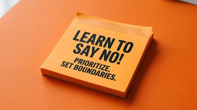Inspirational sticky note with Learn to Say No text, orange adhesive notepad for setting boundaries, mental health and self care concept
