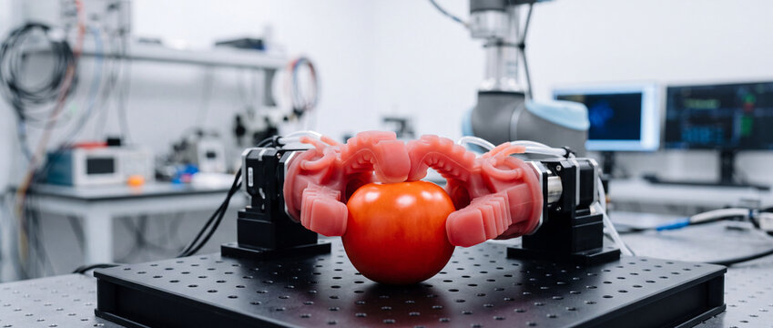Soft robotic gripper picking ripe tomato in lab automation test with collaborative robot