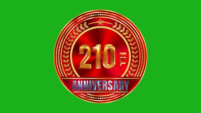 Historic 210th anniversary 3D golden medallion with reflective ruby sunburst disk and glittering laurels on chroma 4k video