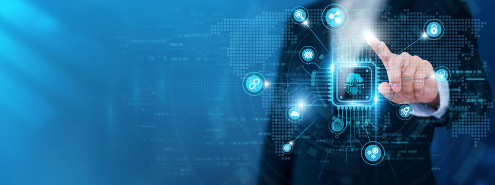 Businessman touching Big data and networking data. Data analytics, information processing, predictive insights, business intelligence, digital transformation.