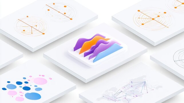 3D infographic cards with abstract data visualization and colorful geometric patterns
