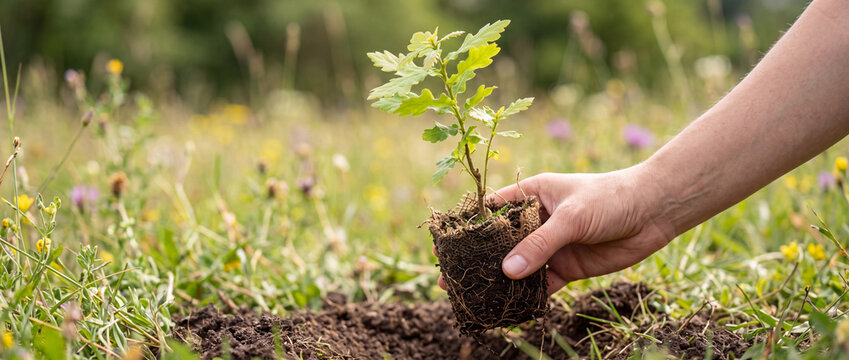 Hand planting young oak sapling in meadow for reforestation and environmental conservation