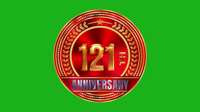 Glamorous 121st anniversary gold emblem with circular red metallic plate and shimmering star ornament on chroma key 4k video