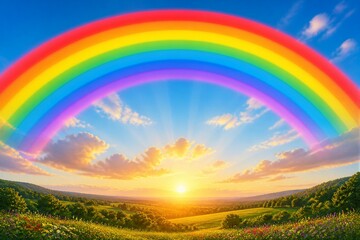 Fototapeta premium Rainbow arching over sunlit countryside at sunrise morning