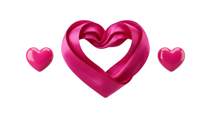 Obraz premium Pink ribbon heart shape with two small glossy hearts isolated on transparent background