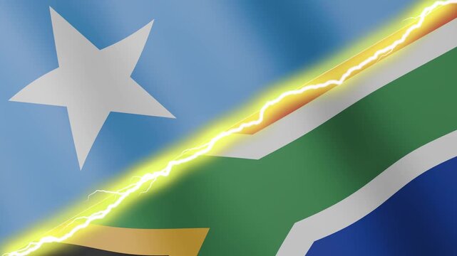 Two waving flags Somalia and South Africa with diagonal lightning seamless, 4k loop