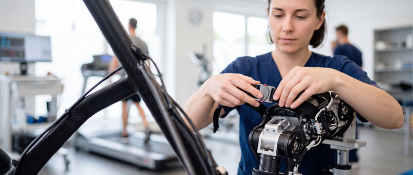 Technician adjusting robotic exoskeleton leg in rehabilitation lab with treadmill testing equipment