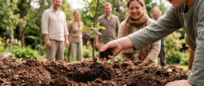 Family planting a young tree together in a community garden teaching children about nature and sustainability