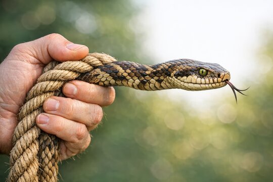 A hand grasping a rope with a snake entwined, suitable for adventure, danger or mystery scenes