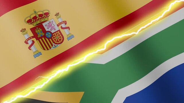 Two waving flags Spain and South Africa with diagonal lightning seamless, 4k loop