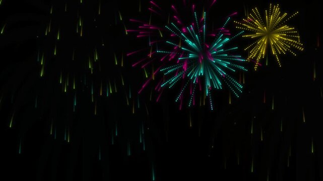 Colorful fireworks display in night sky, vibrant pyrotechnic explosions for celebration, festive holiday fireworks show on black background