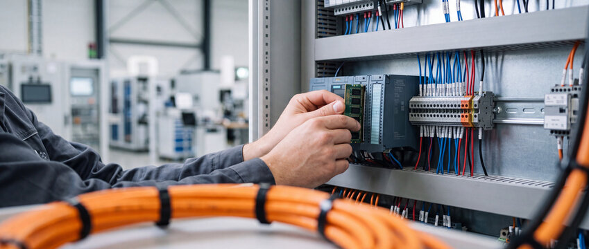 Еechnician wiring industrial control panel with PLC module during maintenance in automated factory electrical cabinet