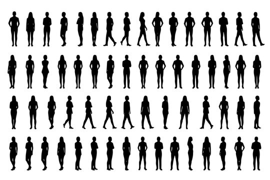 Vector silhouettes men and women, illustration. Silhouettes of young people posing in casual clothes. JPEG version.
