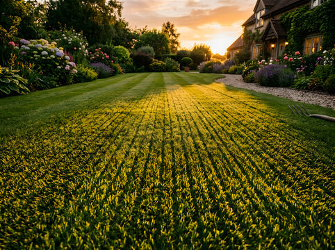 English country garden at sunset with manicured lawn|perfectly mowed green grass stripes in backyard garden|blooming summer flower beds and traditional stone cottage