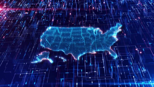 Futuristic USA network map circuit paths, digital nodes contrasting cyber defense, identity protection, infrastructure resilience, secure access, threat analysis enterprise 19 presentations.