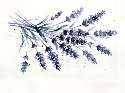 Delicate Blue Lavender Watercolor Botanical Branch on White Background with Elegant Minimalist Style