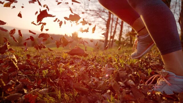 LENS FLARE, SLOW MOTION, DOF, LOW ANGLE, CLOSE UP: Woman runs through sunny autumn woodland while dry leaves swirl around her legs. Golden light shines across forest floor as she jogs on fall morning.