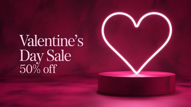 Valentines day sale banner with a glowing neon heart shape and a product display podium background