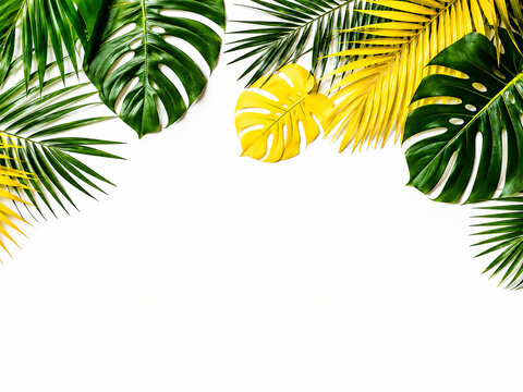 Tropical Green Palm and Monstera Leaves Border with White Copy Space for Summer Background Design