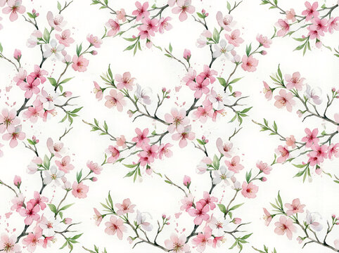 Seamless Watercolor Cherry Blossom Floral Pattern with Pink Flowers and Green Branches on White Background