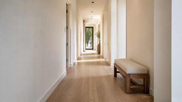 Modern hallway design featuring wooden bench and trimmed walls, with spacious lighting creating an inviting atmosphere.