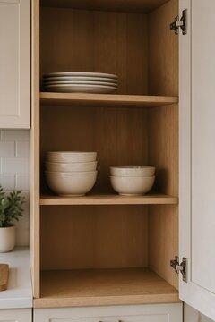 Minimalist kitchen shelf with white plates and bowls arranged neatly in natural wooden cabinet. Decluttered space features open shelving showcasing simple dining ware.
