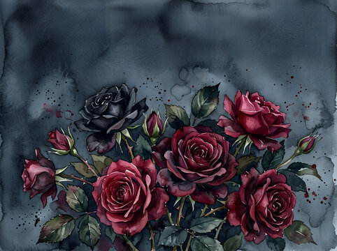 Moody Watercolor Bouquet of Deep Burgundy and Black Roses on Dark Blue Artistic Background