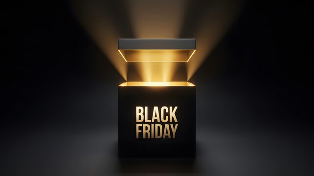 Black friday sale concept with a glowing golden box on a dark background for luxury retail promotions