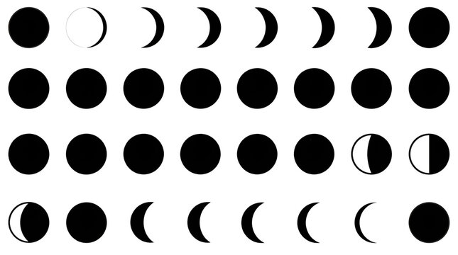 Lunar Cycle Moon Phases Silhouettes Set on White Background
