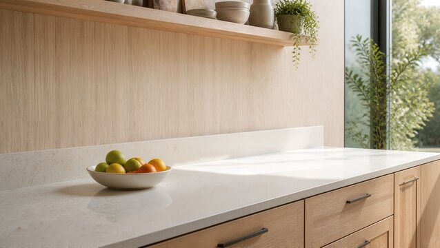 Modern kitchen countertop with fresh fruits in bowl and minimalist wooden cabinetry. Contemporary kitchen features natural light through large window, emphasizing clean lines and simple design.
