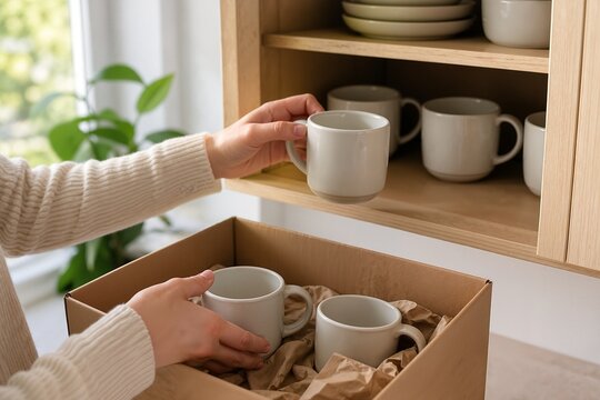 Organizing kitchen with minimalist lifestyle, hands carefully placing cups into storage box while handling kitchenware from cabinet. Minimalist lifestyle promotes decluttering for a tidy home.