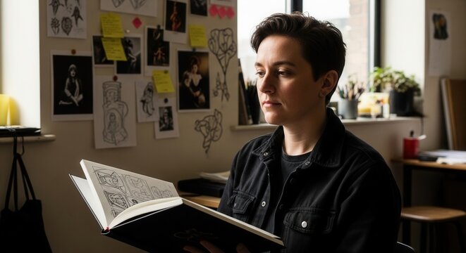 Creative Artist Studying Designs In Sketchbook In A Studio