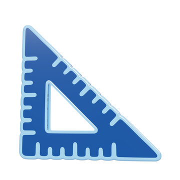Blue plastic set square triangle drafting tool with interior cut-out triangle and measurement tick marks isolated on a transparent background