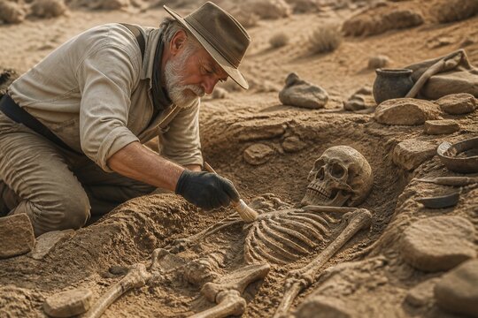 Elderly archaeologist carefully excavating skeleton at desert dig
