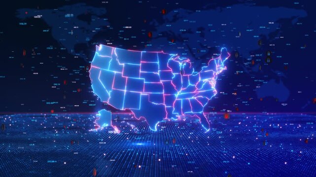 Futuristic USA map global 19 interface security symbols, numerical data glowing borders. cyber defense, identity security, threat intelligence, infrastructure resilience enterprise protection