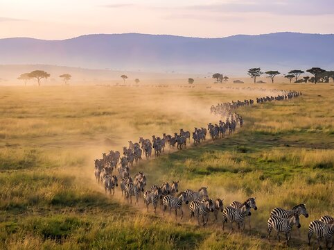 Herd of zebras running across african savanna at golden hour sunrise with dust and acacia trees