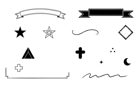 Black design element set with assorted shapes and symbols including ribbons, stars, and dividers.