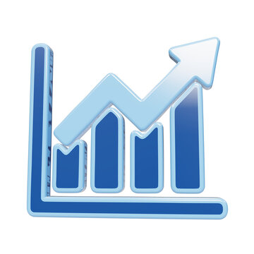 Glossy 3D blue business growth bar chart icon with rising upward arrow, isolated on transparent background isolated on a transparent background