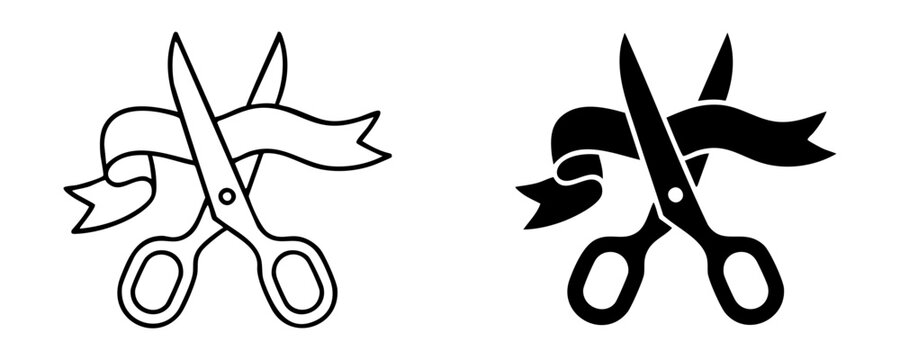 Grand opening scissors cutting ribbon icon outline and solid black symbol for event launch celebration.