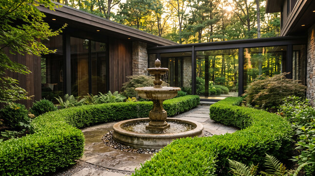 Courtyard fountain with lush green landscaping and modern home architecture