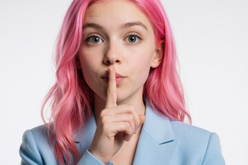 Fototapeta premium Young caucasian woman with bright pink hair makes shh gesture. Pretty girl puts index finger to lips asking for silence. Portrait of mysterious female in light blue blazer against white background.