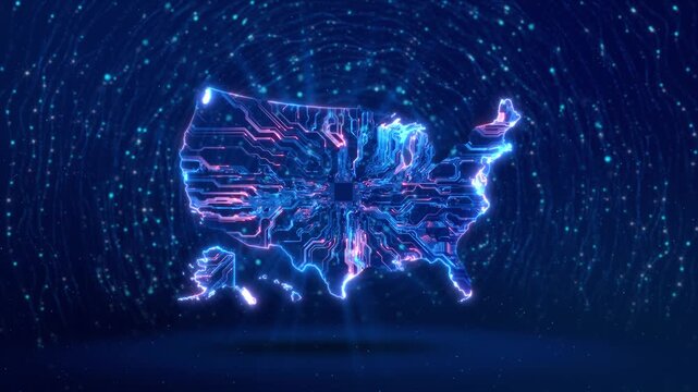 High tech USA circuit map processor electronic futuristic particle motion. artificial intelligence, semiconductor manufacturing, computing infrastructure, automation, advanced hardware innovation.