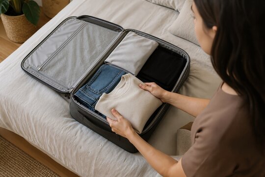 Packing suitcase with neatly folded clothes on bed surface, organizing for travel using minimal decluttering techniques. Packing suitcase encourages minimalist lifestyle,