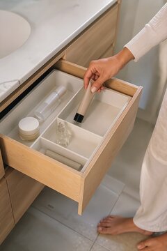 Organized bathroom drawer with skincare products and minimalist accessories. Drawer contains various items including lotion and container for daily skincare routine.