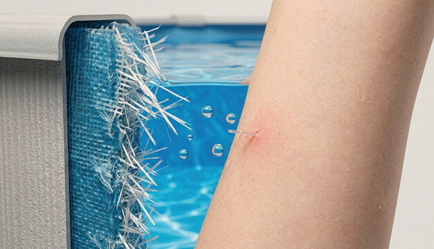 Above ground pool wall cutaway showing fiberglass splinter hazard, embedded shard, skin injury, and suspended water droplets