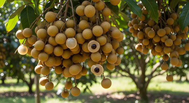 Clusters of ripe longan fruit hanging from a tree branch in a sunny tropical orchard garden