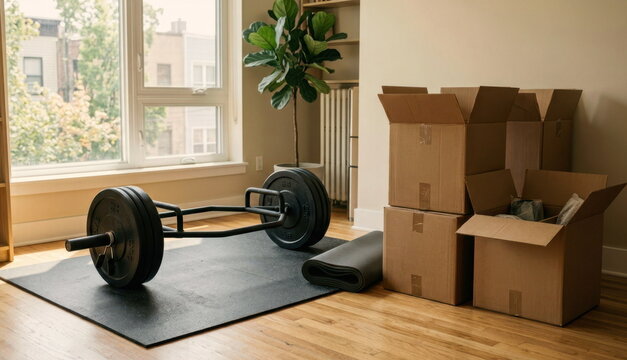 Sunlit apartment with trap bar, weight plates, folded mat, and moving boxes, blending home fitness with relocation energy.