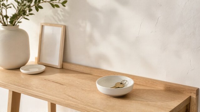 Minimalist decor with wooden table, ceramic bowl, and decorative vase showcasing simplicity and elegance. The minimalist lifestyle is highlighted through clean lines and neutral tones,