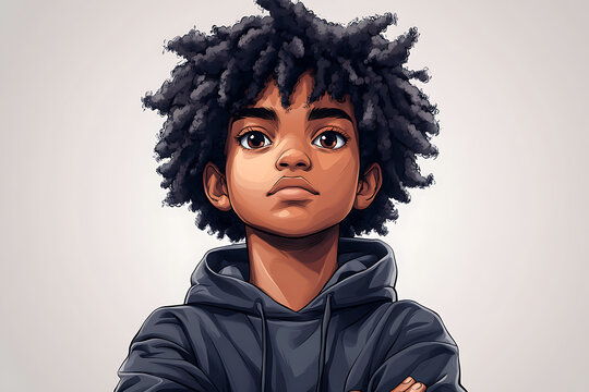 Cool Young Black Boy in Dark Hoodie Character Portrait Animated Urban Style Digital Artwork